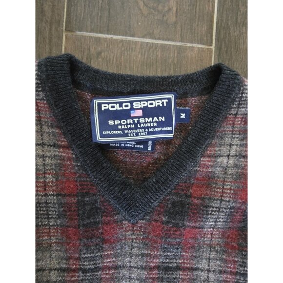 VTG Polo Sport Ralph Lauren Sportsman Wool Plaid Vest Mens Large Red Gray V Neck - Picture 2 of 7